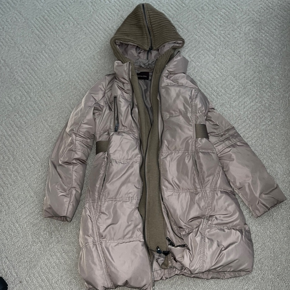 Olive green winter coat with knit hood